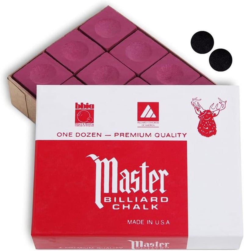 Master Chalk Master Billiard Pool Cue Chalk Premium Quality - 1 Dozen - Made in The USA + 2 pcs of Quality Billiard Pool Table Spots by Tweeten Fibre Co. - Image 1